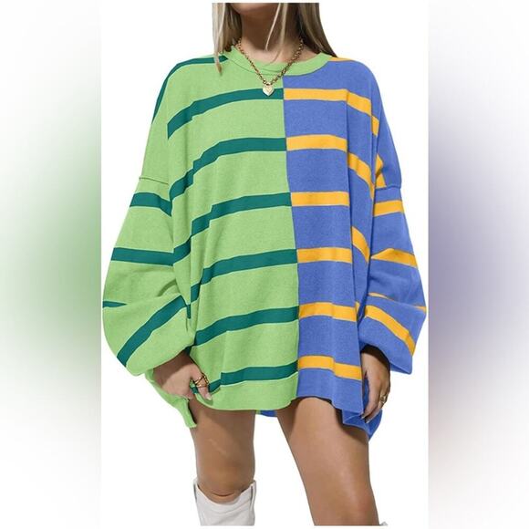 Sweaters - Striped Oversized Sweater Long Sleeve Color Block Loose Casual Knit Pullover Top
